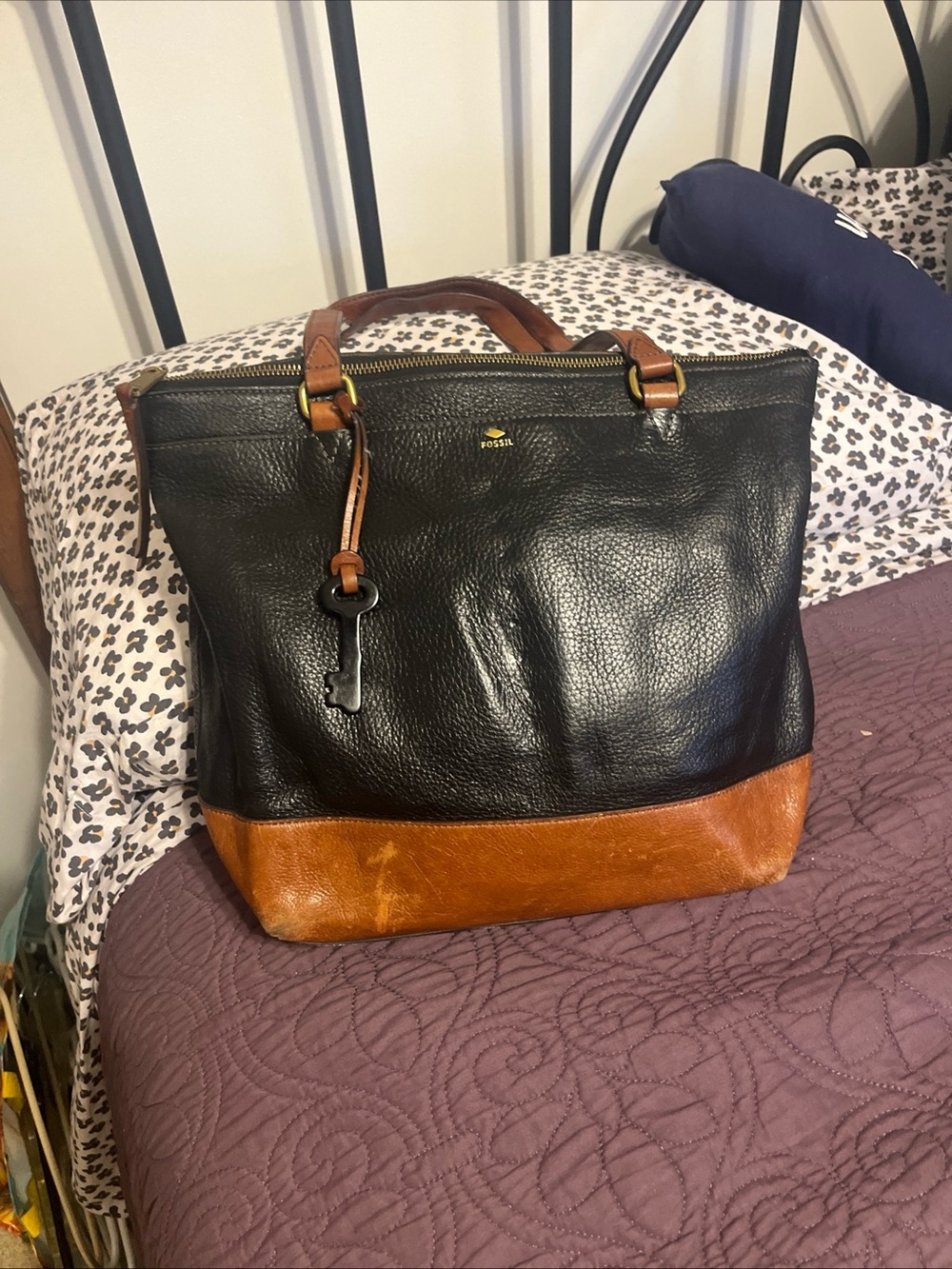 Fossil Black and Brown Leather Messenger Tote